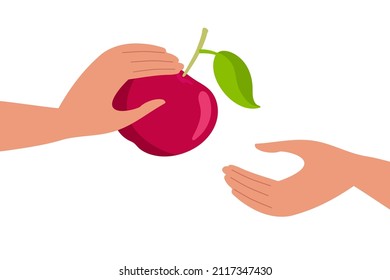 Human hand giving large red apple. Two human persons. Healthy natural food. Red fruit. Organic vitamin nutrition, harvesting. Colored flat Vector illustration isolated on white.