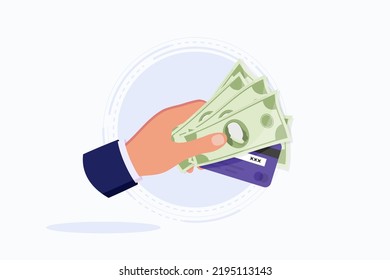 Human hand giving money to other hand. Pay for something. Hand holds credit card and banknotes. Money investments. Giving money. Modern flat design graphics for websites, web banners, infographics