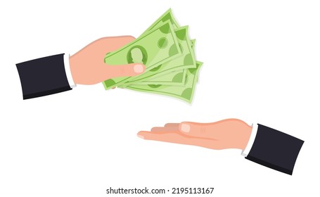 Human hand giving money to other hand. Pay for something. Hand holds credit card and banknotes. Money investments. Giving money. Modern flat design graphics for websites, web banners, infographics