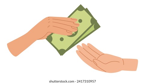 Human hand giving money to other hand. Payment for product or pay for something. Arm holds dollar banknotes. Vector illustration in hand drawn style 