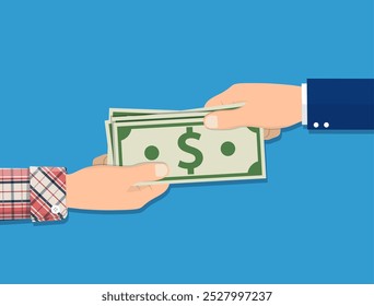 Human hand giving money to other hand. Holding banknotes. Vector illustration in flat style