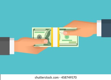 Human hand giving money to other hand. Holding banknotes. Isolated on blue background. Vector illustration