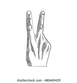 Human hand giving sign V. Two fingers. vector illustration. Sketch. hand drawn. Isolated on white background. 