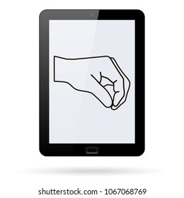 human hand giving something line vector icon  on a realistic tablet.Flat design style.