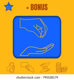 human hand giving something to other hand  line vector icon on a blue background