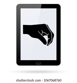 human hand giving something vector icon  on a realistic tablet.Flat design style.