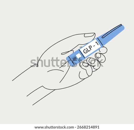 Human hand with GLP 1 injection pen. Hormone syringes. Vector line art illustration