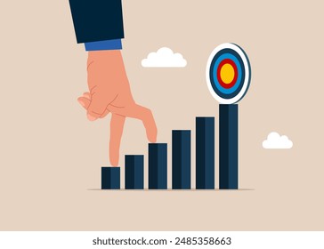 Human hand going up stairway to the target. Goal as Think, Reach the target, Positioning strategy in consumer customer. Flat vector illustration.