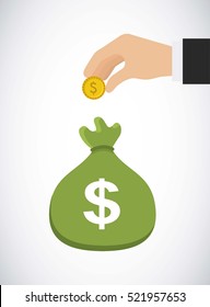 human hand with gold coin and green sack of money over white background. vector illustration