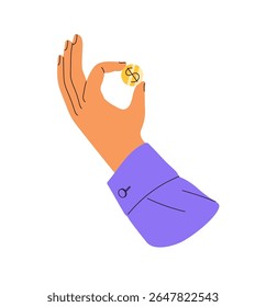 Human hand with gold coin. Person holds money, squeezes cent with fingers, pays with dollar. Finance, cash payment, currency exchange, saving of income. Flat isolated vector illustration on white