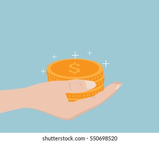 Human Hand with Gold Coin Vector Illustration