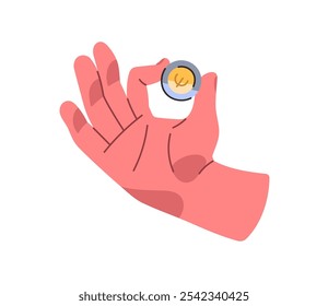 Human hand with golden coin with euro sign. Person holds silver cash currency. People pay with little metal money. Finance and economy. Flat isolated vector illustration on white background
