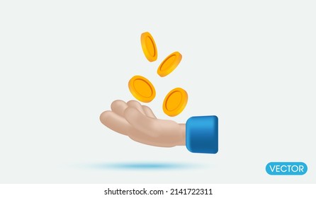 Human hand with golden coins. money saving or and payment concept 3d vector illustration.