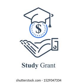 Human Hand And Graduation Cap, Study Grant, Scholarship Concept, Financial Help, Education Loan, University Payment And Expenses, Tuition Cost, Vector Line Icon