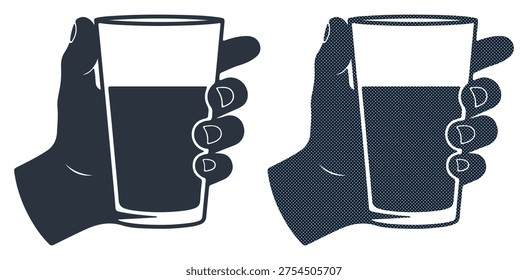 Human hand grasping tall drinking glass, beverage container symbol, refreshment concept