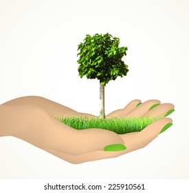 Human hand with grass and tree. Vector