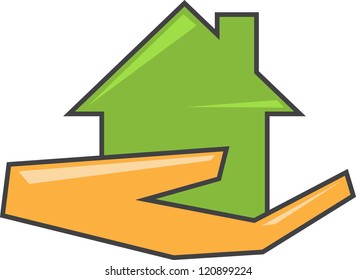 Human hand with green house on white background