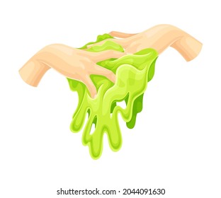 Human Hand with Green Slime as Viscous Colorful Toy Vector Illustration