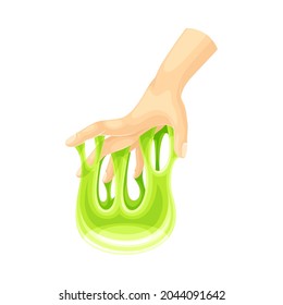 Human Hand with Green Slime as Viscous Colorful Toy Vector Illustration
