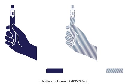 Human hand griping vaping pen, smoker accessory silhouette, metallic textured style design.