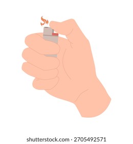 Human hand gripping lighter with visible flame on white isolated background for smoking materials vector illustration