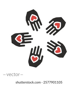 human hand group, hands with hearts icon, flat vector illustration