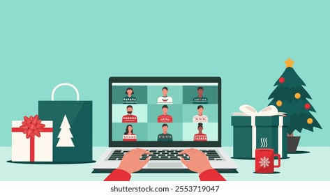 Human hand and group of people with laptop celebrating Christmas together, blending modern technology and seasonal cheer in a unique holiday setting, Flat Vector Illustration Design