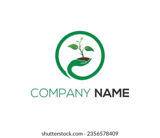 Human hand with growing plant Agriculture logo concept. Hands holding soil with tree flat  vector illustration. Green Hand with seedling environmental Logo.