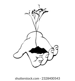 Human hand with growing plant in flat style 