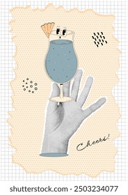 Human hand with halftone effect holds glass of cocktail in groovy style. Dotted poster in retro collage style. Cheers. Vertical vector banner with torn paper effect