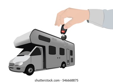 human hand handing keys camper caravan
