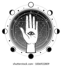 Die menschliche Hand hat ein allsichtbares göttliches Auge. Alchemischer Transformationskreis Hintergrund - der nächtliche Sternenhimmel, Mondphasen. Vektorgrafik einzeln. Print, Poster, T-Shirt, Karte.