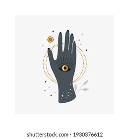 Human hand has an all-seeing divine eye.Magic and astrology concept.Vector illustration.