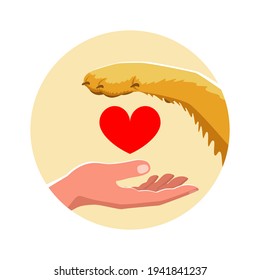 Human hand, heart and paw of a dog. The concept of animal care, pet supplies, training and handling. Vector stock illustration. 