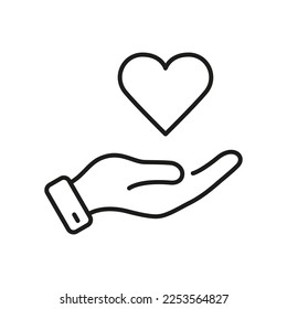 Symbol für menschliche Hand und Herz-Form-Linie. Liebe, Gesundheit, Wohltätigkeit, Pflege, Hilfe Lineares Piktogramm. Das Symbol für Frieden und Freundschaft. Emotionaler Support. Bearbeitbarer Stroke. Einzelne Vektorgrafik.