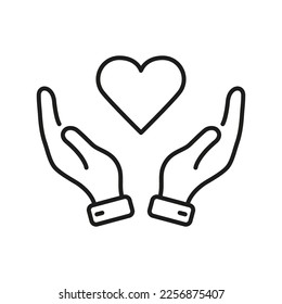 Human Hand and Heart Shape Line Icon. Love, Health, Charity, Care, Help Linear Pictogram. Peace and Friendship Outline Symbol. Emotional Support. Editable Stroke. Isolated Vector Illustration.