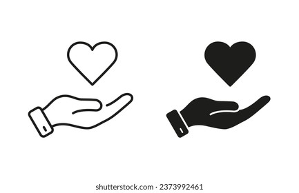 Human Hand and Heart Shape Pictogram. Peace Friendship, Emotional Support Symbol Collection. Love, Health, Charity, Care, Help Line and Silhouette Icon Set. Isolated Vector Illustration.