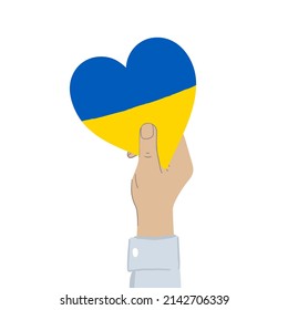 Human hand with Heart shaped Ukraine Flag. Support Ukraine, stop war concept. Vector illustration