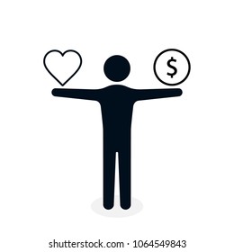 Human hand with heart sign and money coin icon. Work life balance concept. Vector illustration.