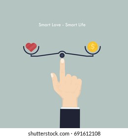 Human hand with heart sign and money coin icon.Smart love and Smart life concept.Work life balance concept.Vector illustration.