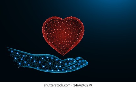 Human hand and a heart symbol low poly design, valentine in polygonal style, love wireframe vector illustration made from points and lines on dark blue background