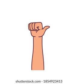 Human hand held high in protest sign icon, sketch vector illustration isolated on white background. Political demands and social equality requires symbol.