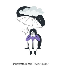 Human Hand Help to Young Girl in Depression Sitting Under Umbrella and Rainy Cloud Feeling Sad Suffering from Mental Disorder Vector Illustration