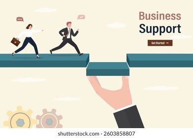 Human hand helping connect missing pieces bridge for team members to cross gap or overcoming obstacles. Business coach or teacher support team to success, solution or assistance. vector illustration