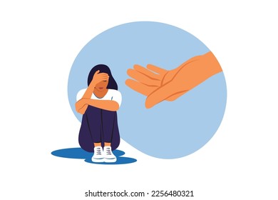 Human hand helps depression girl hugging knees. Psychotherapy, counseling and psychological support concept. Vector illustration.