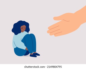 Human hand helps a sad black woman to get rid of anxiety. The counselor supports the African American girl with psychological problems. Mental health aids and medical help for people under depression