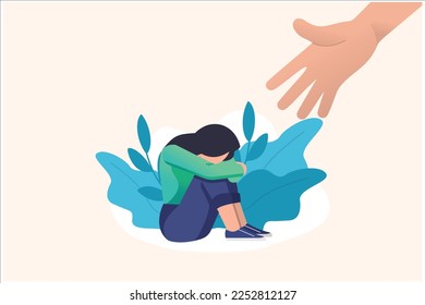 Human hand helps a sad lonely woman to get rid of depression. A young unhappy girl sits and hugs her knees. The concept of support and care for people under stress. Vector illustration in flat style