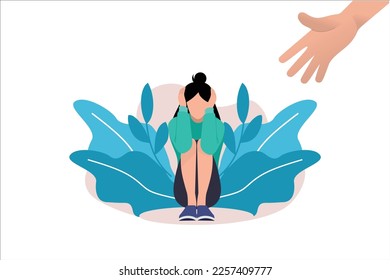 Human hand helps a sad lonely woman to get rid of depression. A young unhappy girl sits and covering her ears. The concept of support and care for people under stress. Vector illustration in flat styl