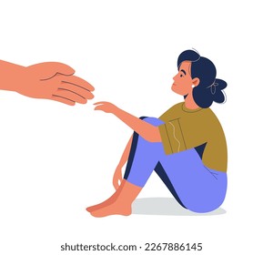 Human hand helps sad lonely woman get rid of depression. Young unhappy girl hugs her knees. Concept of support, mental health aids and care for people under stress. Vector illustration in flat style.