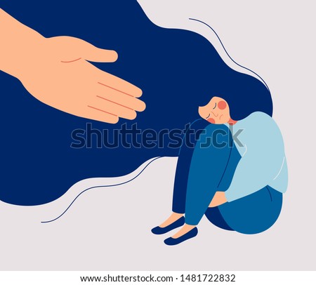 Human hand helps a sad lonely woman to get rid of depression. A young unhappy girl sits and hugs her knees. The concept of support and care for people under stress. Vector illustration in flat style